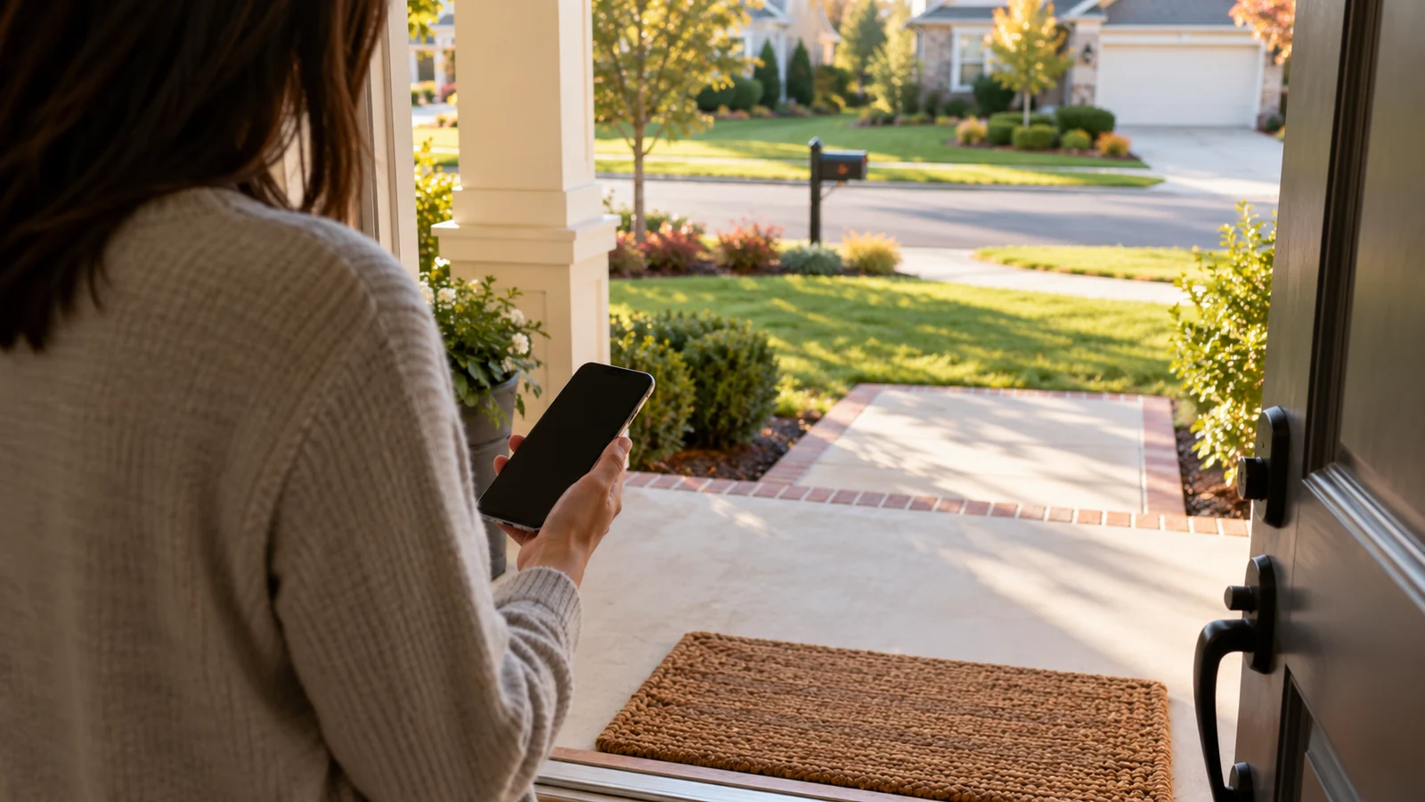 A person checking an empty front porch while holding a phone inside a suburban American home