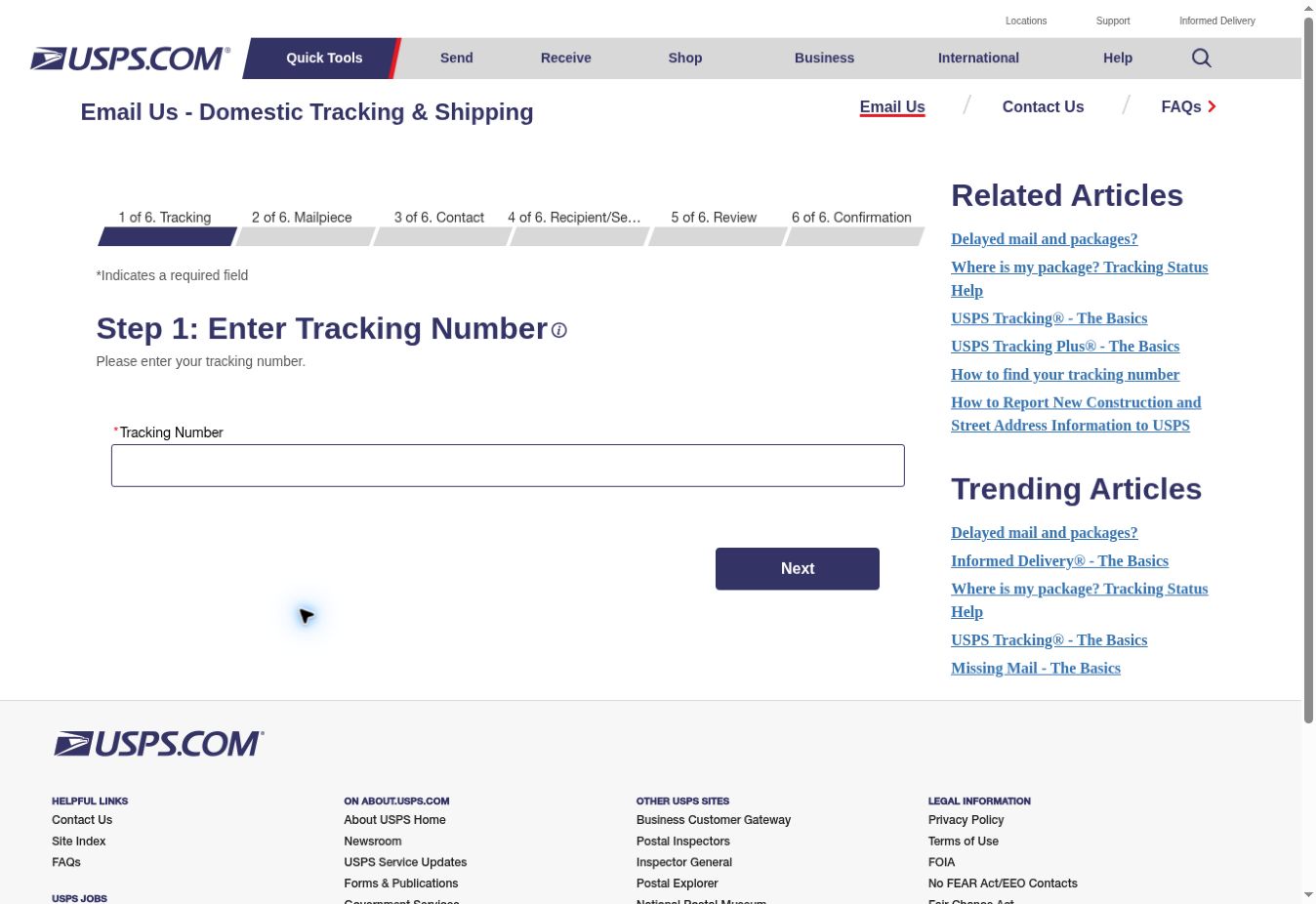 Official USPS Domestic Tracking and Shipping inquiry page showing the blank tracking-number field and six-stage progress bar