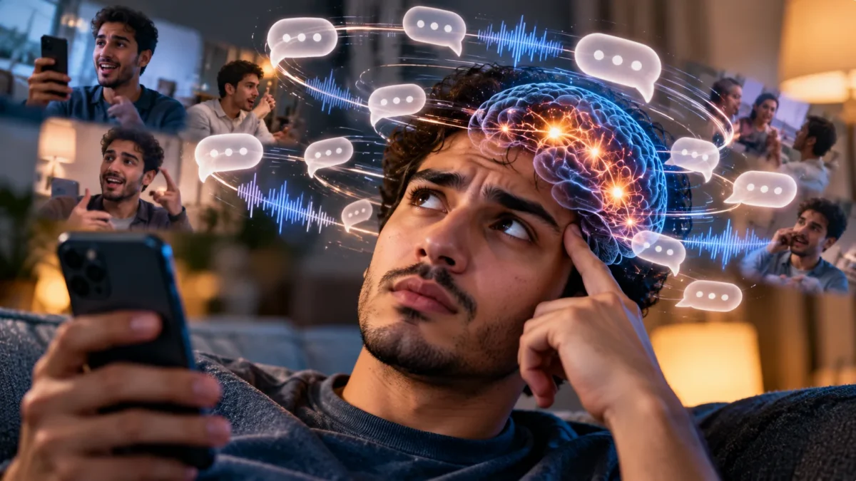 شاب يفكر والهاتف بيده مع موجات صوتية وفقاعات كلام ترمز إلى جملة تتكرر في الدماغ