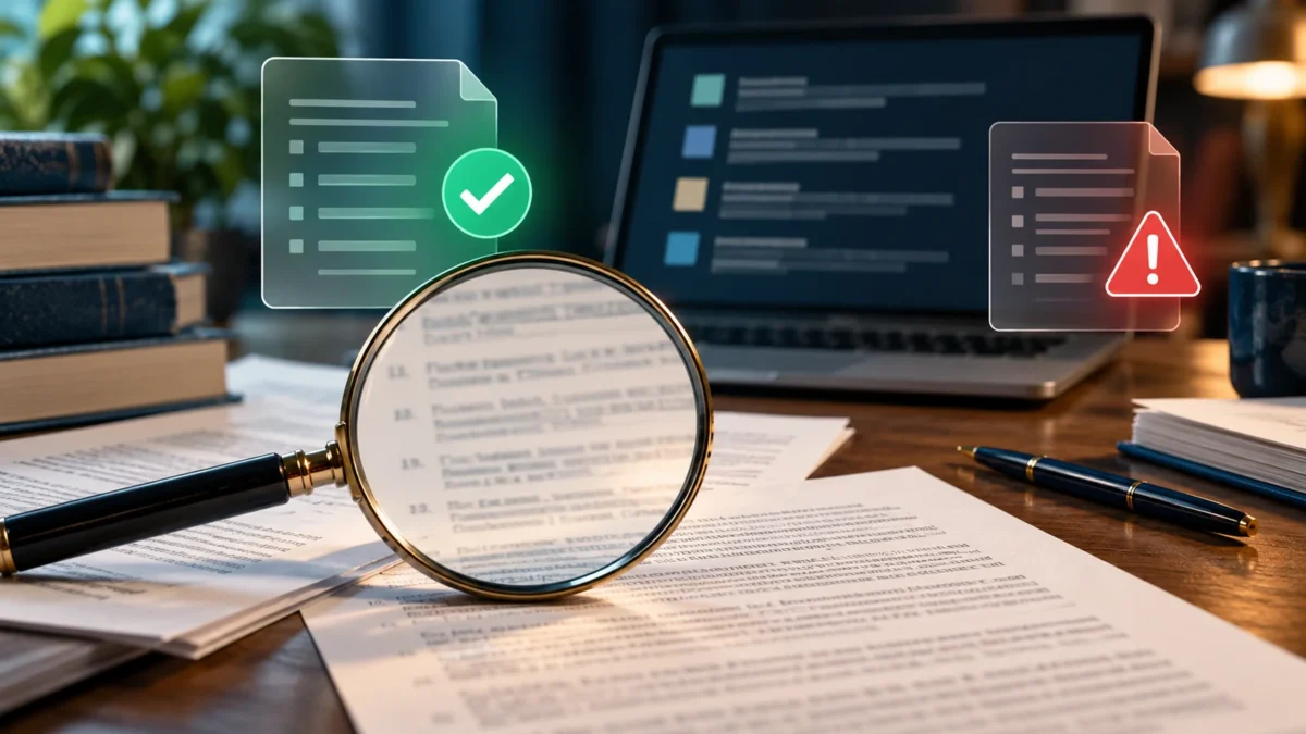 عدسة مكبرة فوق أوراق بحثية أمام حاسوب مع رمزي تحقق وتحذير، تعبيرًا عن فحص مراجع الذكاء الاصطناعي