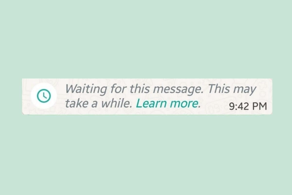 Published WhatsApp screenshot showing Waiting for this message This may take a while