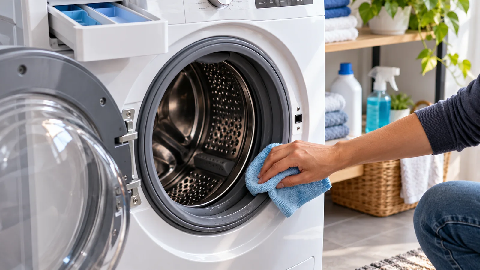 Why Your Washing Machine Smells Even After Cleaning: Find the Real Cause 1 Person wiping the rubber door gasket of a front-loading washing machine with a blue microfiber cloth
