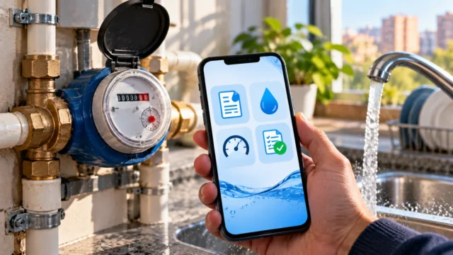 هاتف يعرض أيقونات خدمات فاتورة المياه والعداد بجوار عداد مياه وصنبور داخل منزل