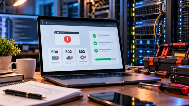 Laptop showing website error 500, 502 and 503 troubleshooting in a server room