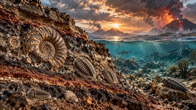 Conceptual illustration of ancient marine fossils in sedimentary layers with prehistoric sea and distant volcanic eruptions