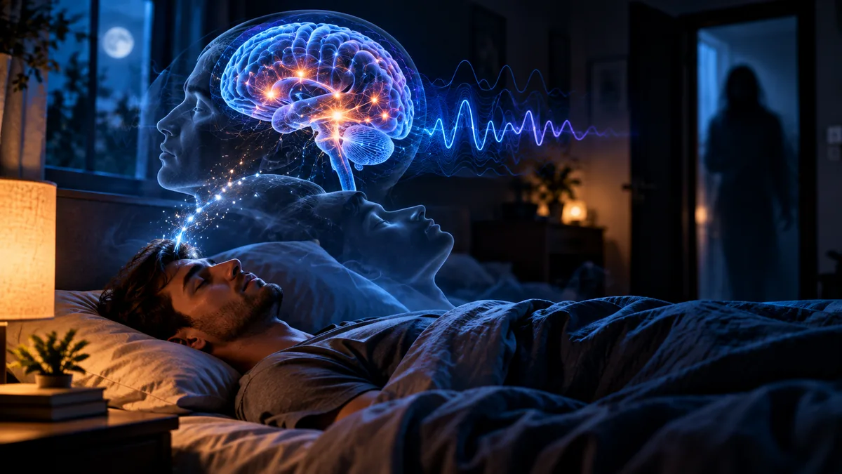 What Happens to Your Brain During Sleep Paralysis? REM Sleep, Hallucinations and the Science Explained 1 Scientific artistic illustration of a sleeping person with a glowing brain, REM-like waves and a shadowy hallucination during sleep paralysis