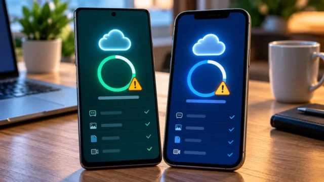 Android and iPhone devices showing illustrative cloud backup progress and warning icons