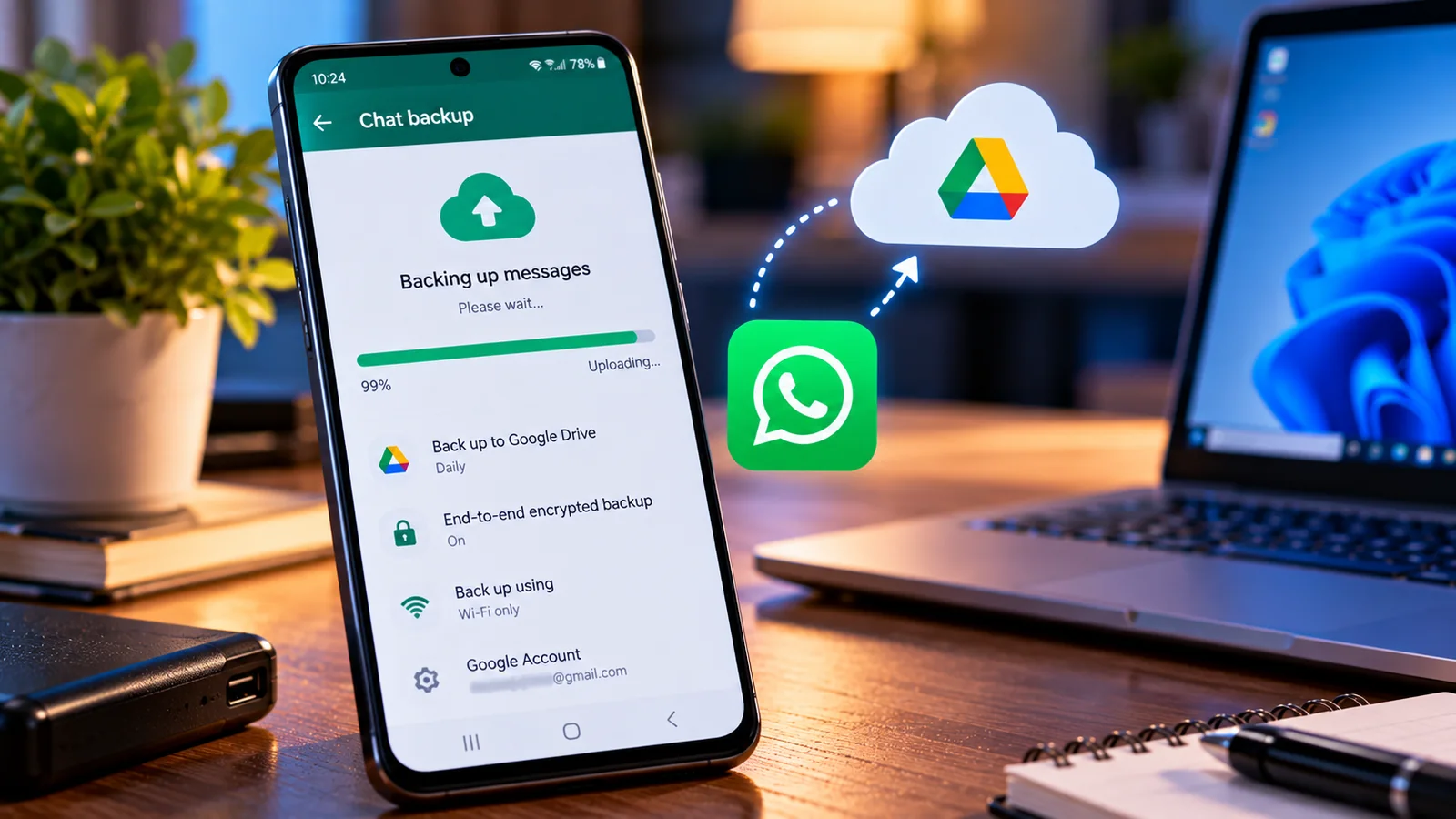 WhatsApp Backup Stuck at 99% on Android? Fix It Without Losing Chats 1 Android phone showing WhatsApp chat backup at 99 percent with Google cloud upload illustration