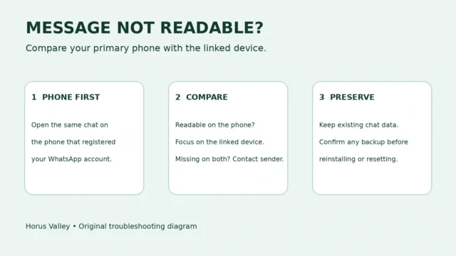 Decision diagram comparing a waiting WhatsApp message on a primary phone and linked device