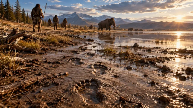 AI reconstruction of Ice Age Lake Otero showing ancient human footprints in wet mud, people walking by the shoreline and Columbian mammoths in the distance