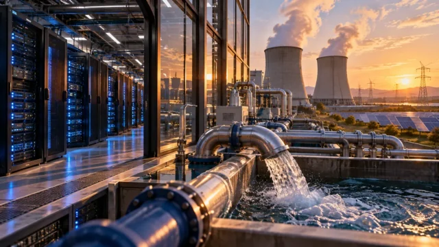 AI data center server racks beside cooling water infrastructure, power lines and renewable energy equipment at sunset