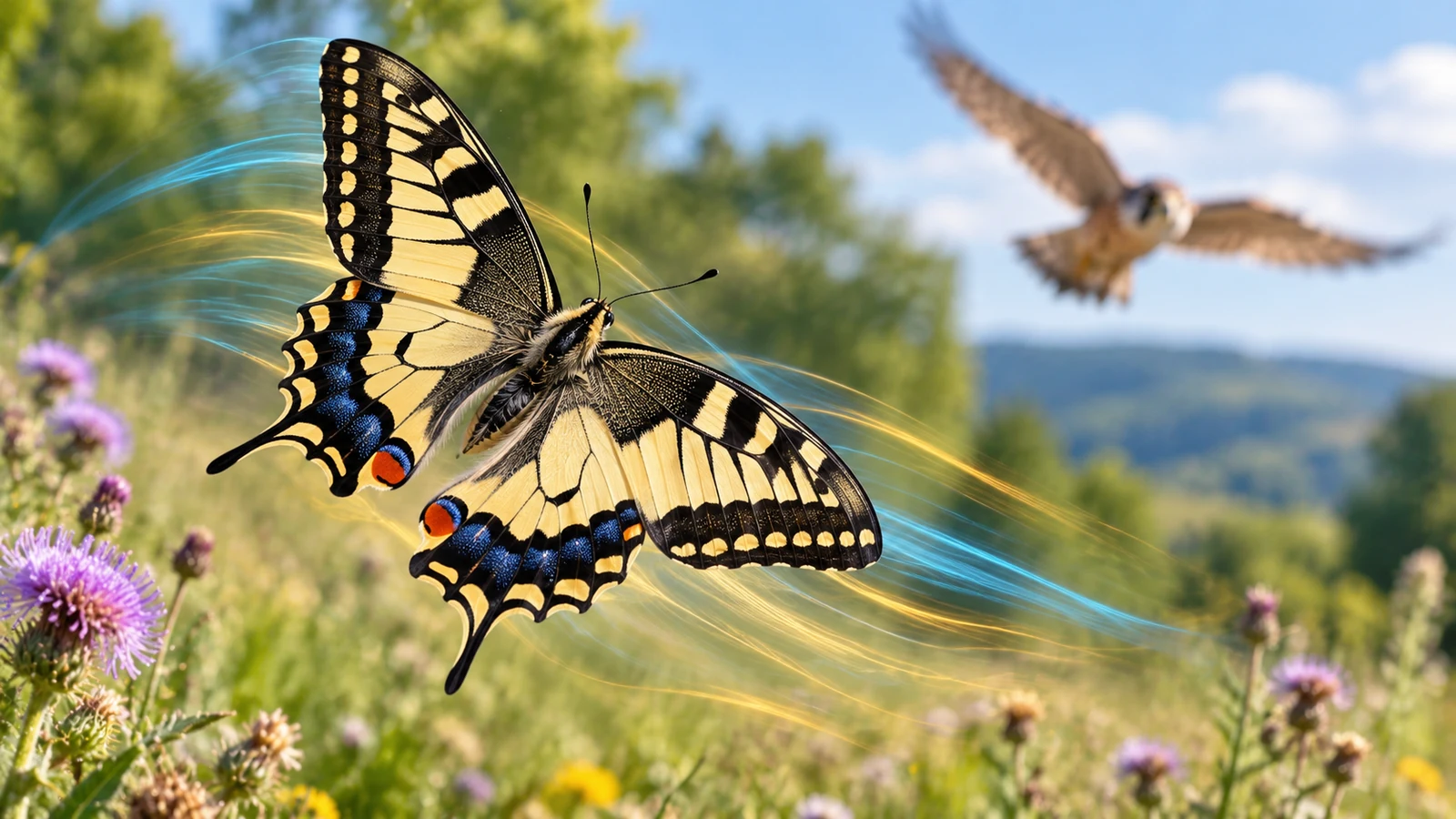 Why Are Butterflies So Hard to Catch? Their Wing Optical Illusion Explained 1 Editorial illustration of a striped swallowtail butterfly escaping a pursuing bird
