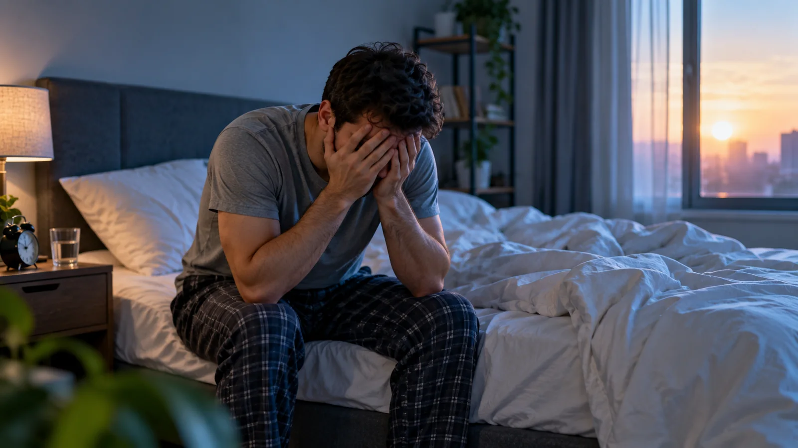 Why Do You Wake Up Tired After 8 Hours of Sleep? Science-Backed Causes and Fixes 1 Exhausted adult sitting on bed at sunrise after an unrefreshing night of sleep