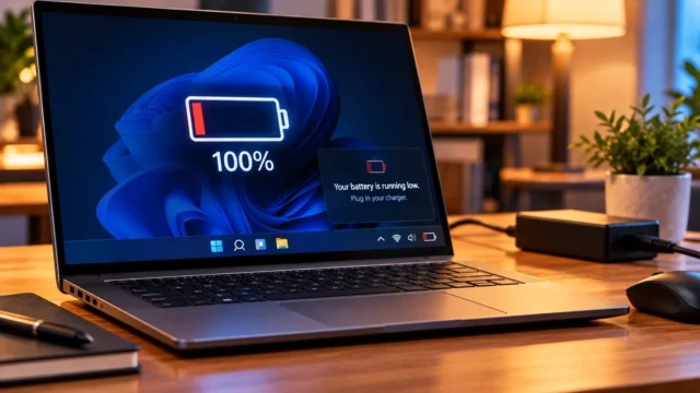 Laptop displaying a full battery percentage and a low-battery warning on a desk
