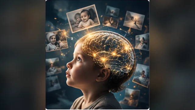 A baby with a glowing brain surrounded by floating old photographs representing early memory.