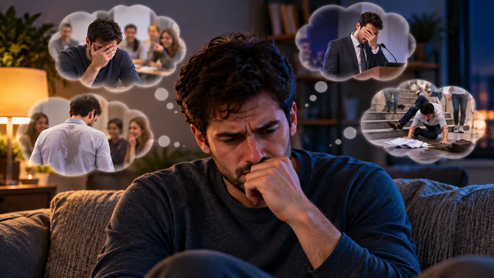 Why Does Your Brain Suddenly Remember Embarrassing Moments From Years Ago? 1 Thoughtful adult man recalling awkward social experiences in soft thought bubbles