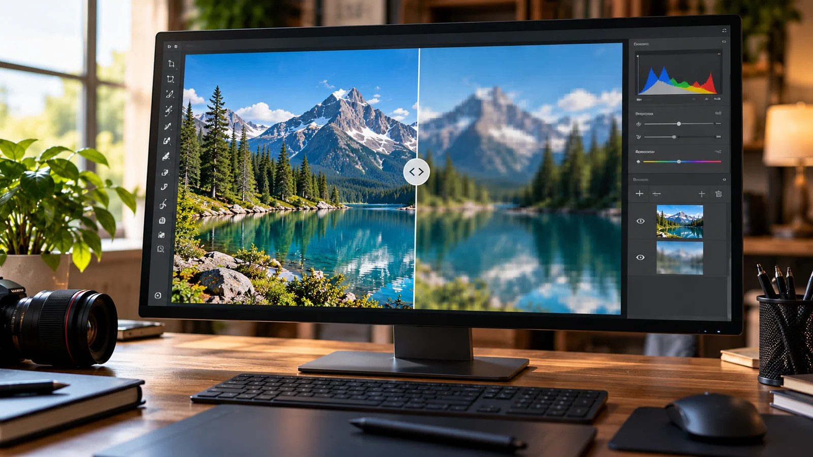 Why Images Look Blurry After Resizing and How to Fix Them 1 Desktop photo editor comparing a sharp mountain photograph against a soft, pixelated resized version