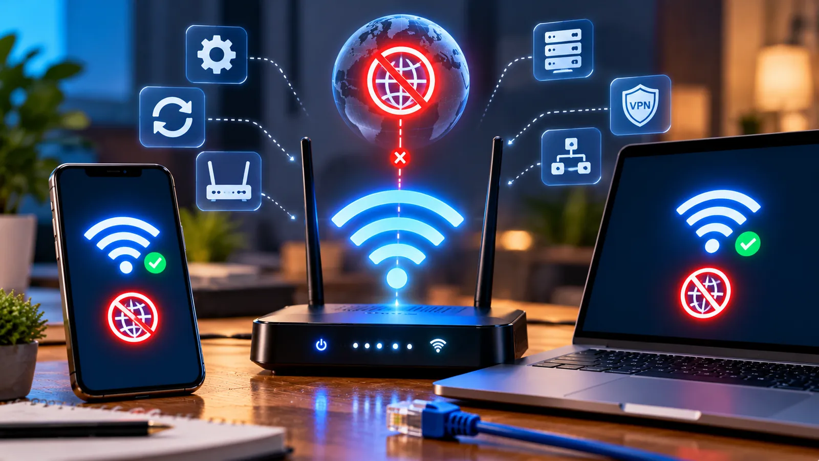 Wi‑Fi Connected but No Internet? 11 Fixes That Actually Work on Android, iPhone, Windows and Mac 1 Router, phone and laptop showing strong Wi-Fi connection but no internet access