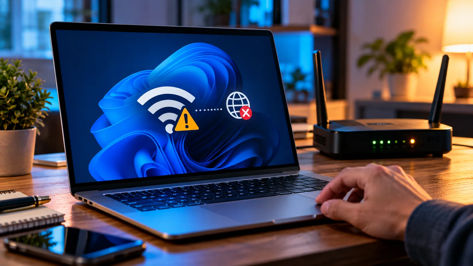 Wi-Fi Connected but No Internet on Windows 11? Diagnose and Fix It Step by Step 1 Windows laptop with Wi-Fi warning and wireless router on a desk