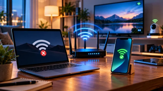 راوتر واي فاي بين هاتف متصل بالإنترنت ولابتوب تظهر عليه مشكلة اتصال، توضيح لحلول الشبكة على الأجهزة المختلفة
