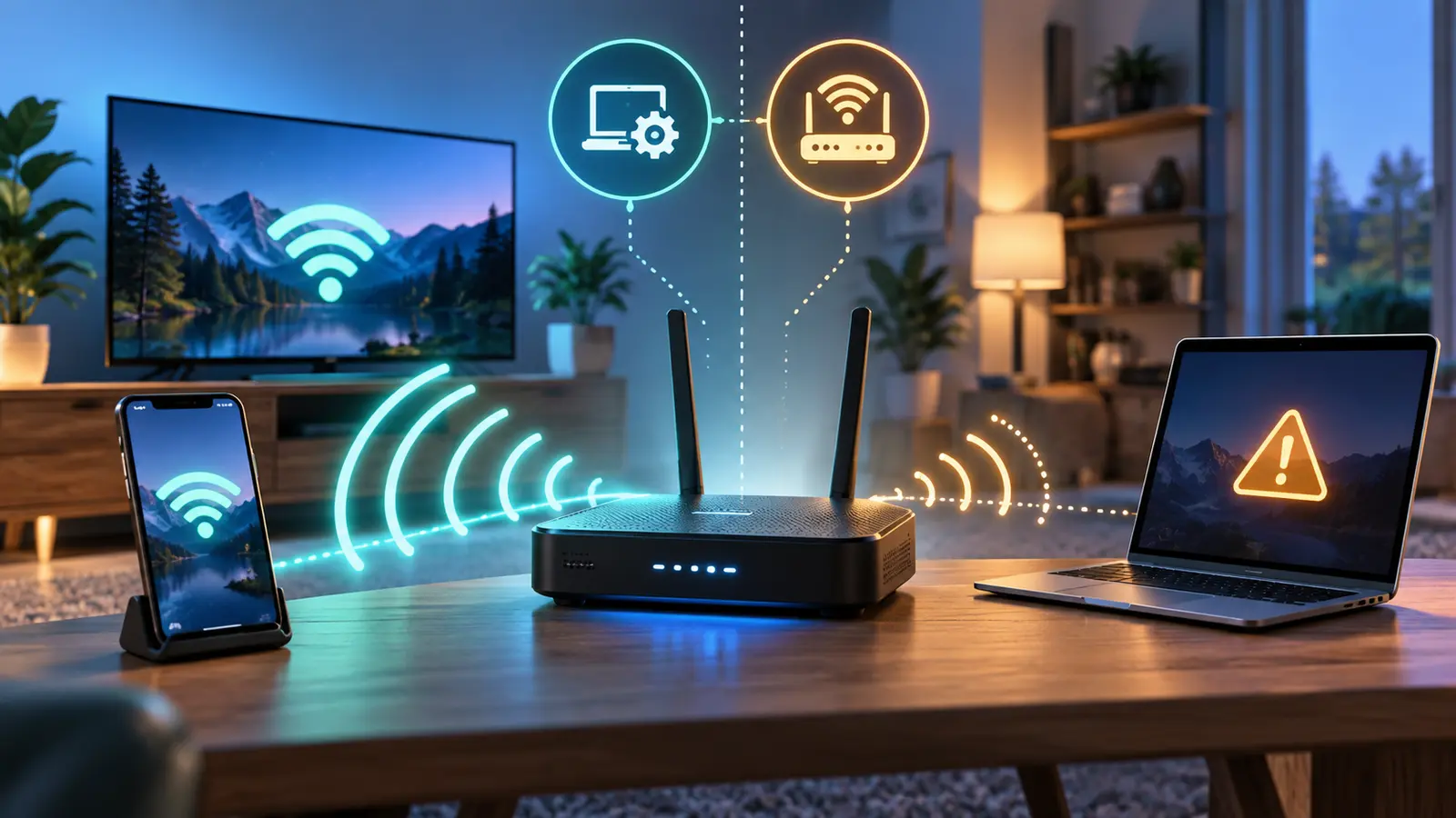 Why Does Wi-Fi Work on Some Devices but Not Others? A Safer Diagnostic Guide 1 Home Wi-Fi router connecting a phone and television while a laptop shows a warning