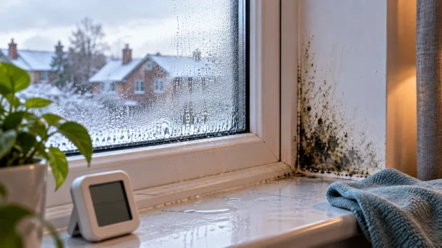 Condensation droplets and black mold around an indoor window frame during a cold winter morning (AI-generated illustrative image)