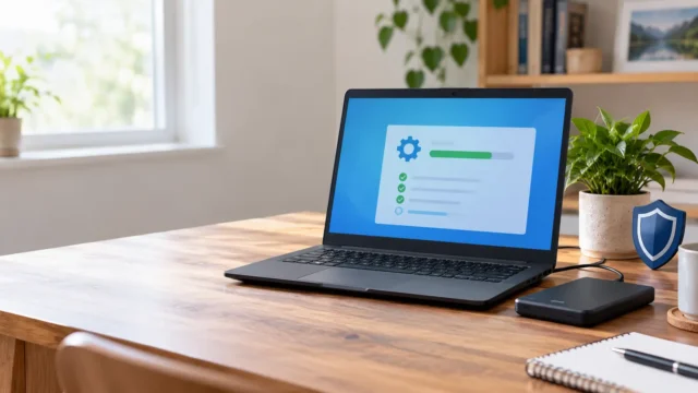 Laptop and backup drive representing Windows 10 security updates on a personal PC