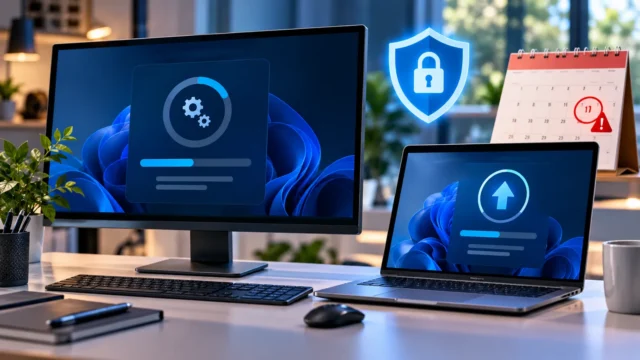 Computer screens showing a system update and security warning before a support deadline