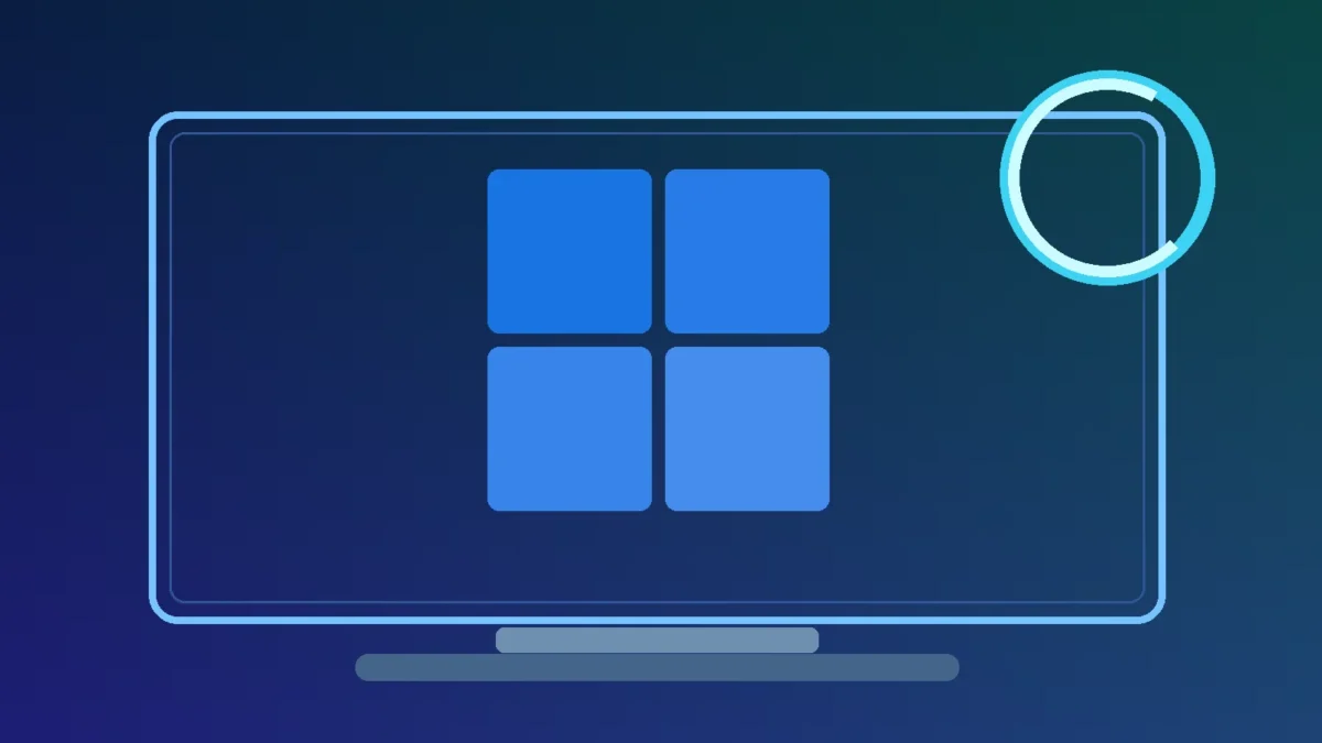 Conceptual Windows 11 update illustration on a blue computer monitor