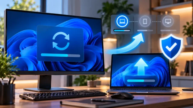 Desktop PC and laptop showing a Windows update rollout with security and upgrade symbols