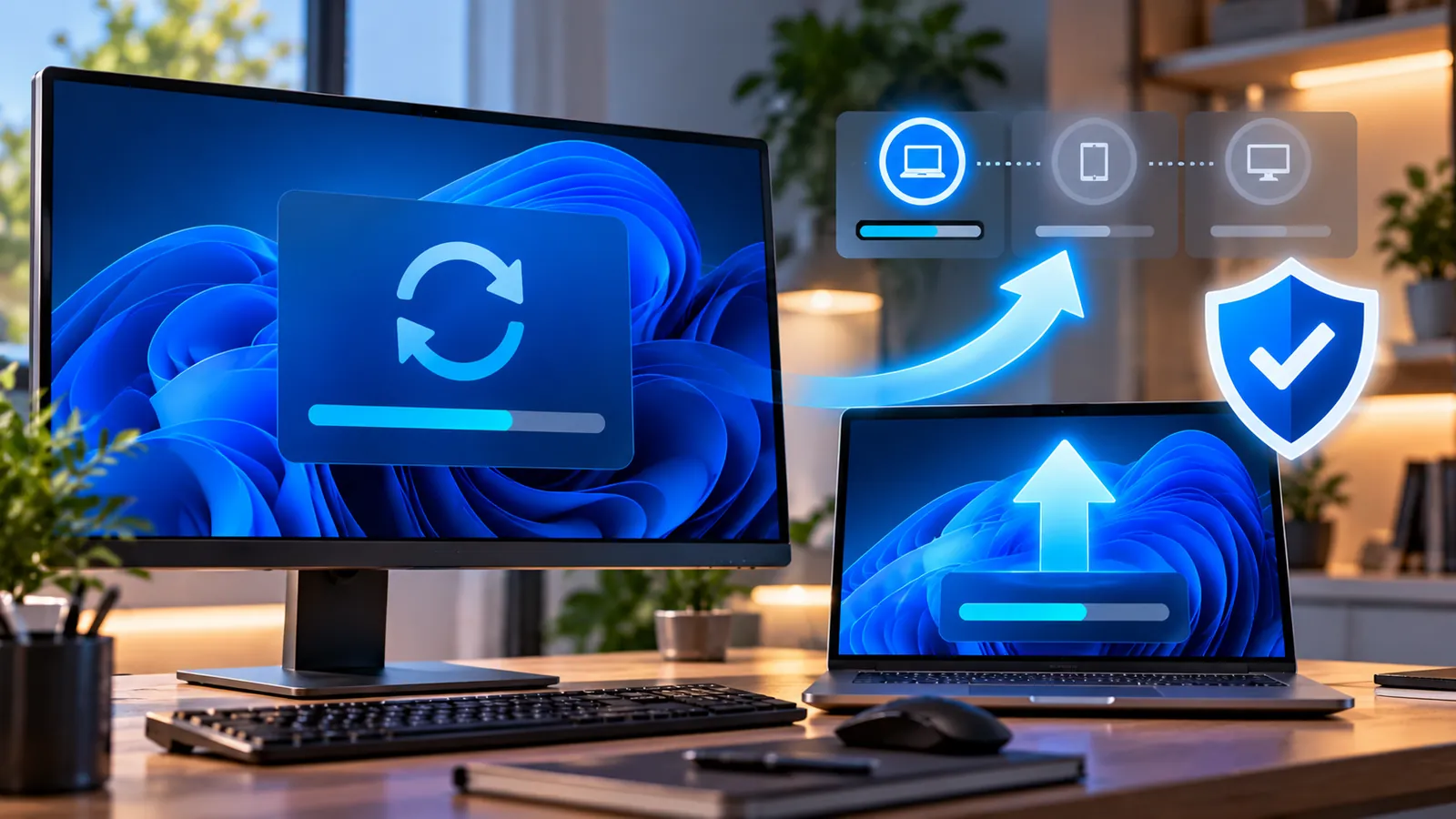 Desktop PC and laptop showing a Windows update rollout with security and upgrade symbols