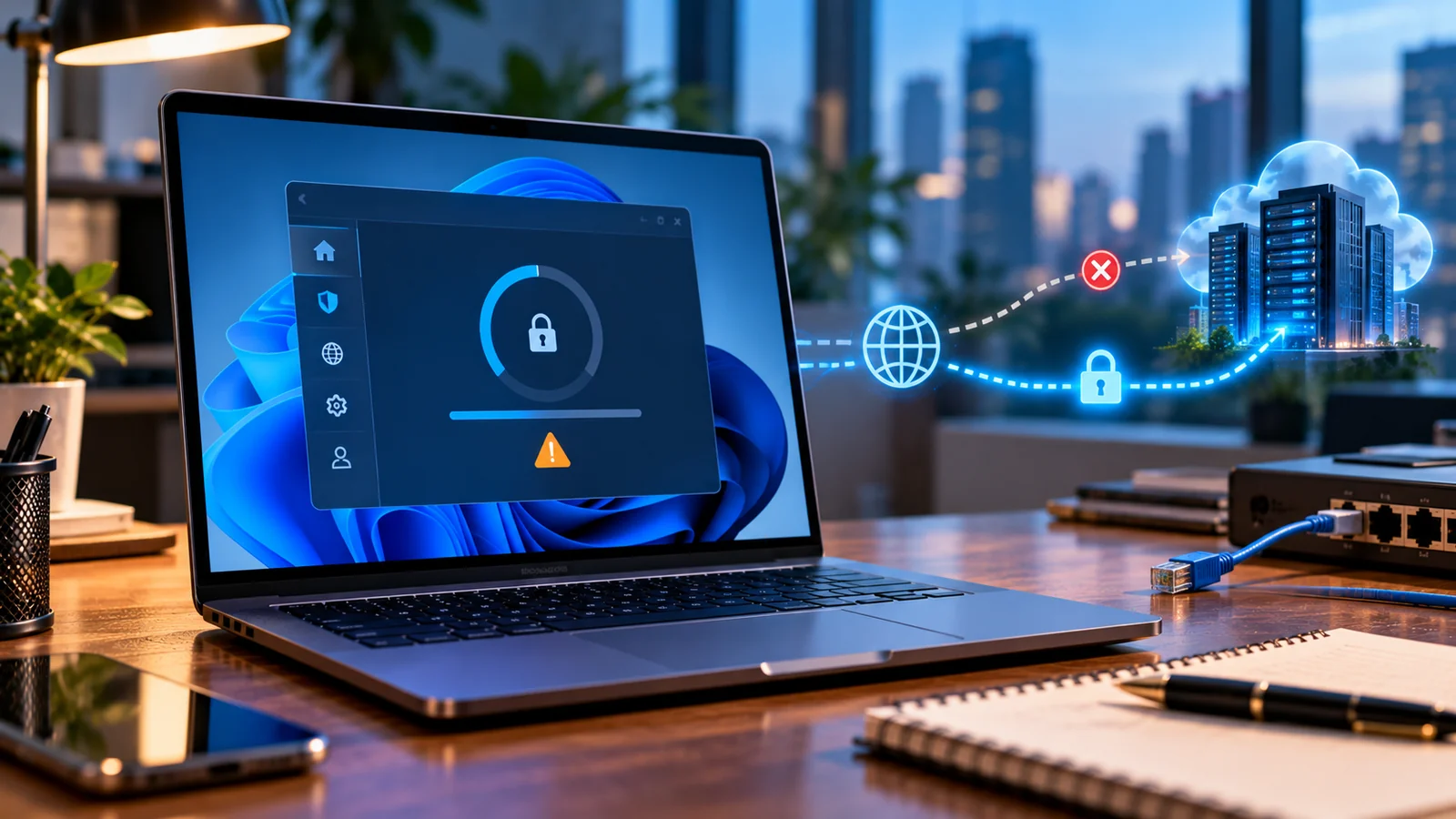 Windows 11 laptop showing a stalled corporate VPN connection and illustrated secure and failed network paths, conceptual artwork