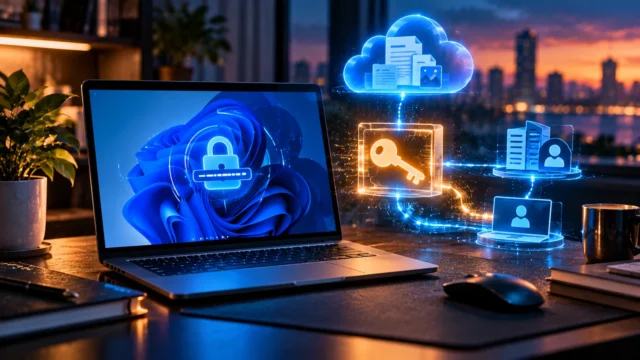 Windows 11 laptop with holographic padlock, key, encrypted cloud files and data security symbols illustrating BitLocker recovery key troubleshooting