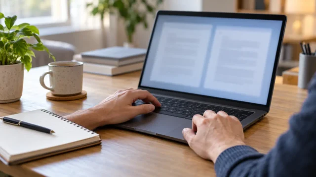 Hands using an unbranded laptop with two softly blurred document windows