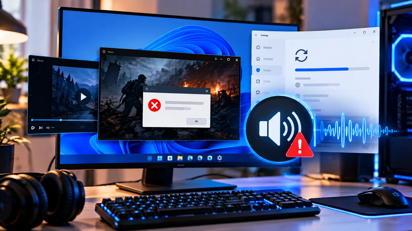 Windows 11 computer showing an application crash and audio warning after an update