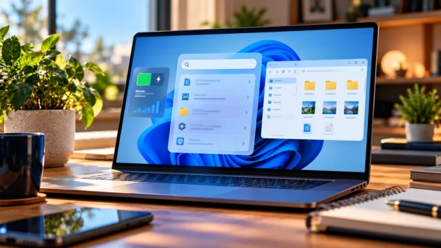 Laptop with blue Windows-style interface showing search panel, battery widget and File Explorer in a sunlit home office