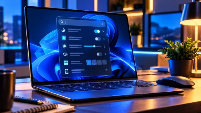 Windows 11 laptop showing a redesigned search panel with direct settings toggles and action controls