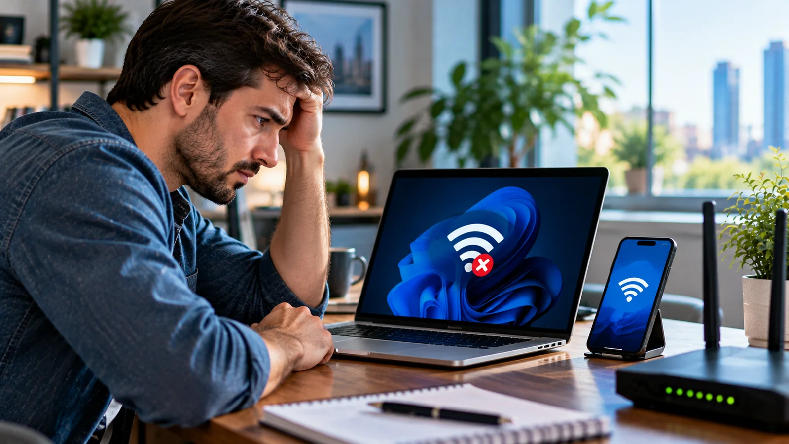 Windows 11 Wi-Fi Connected but No Internet? Complete Troubleshooting Guide 1 Frustrated laptop user troubleshooting Windows 11 Wi-Fi with router and connected smartphone