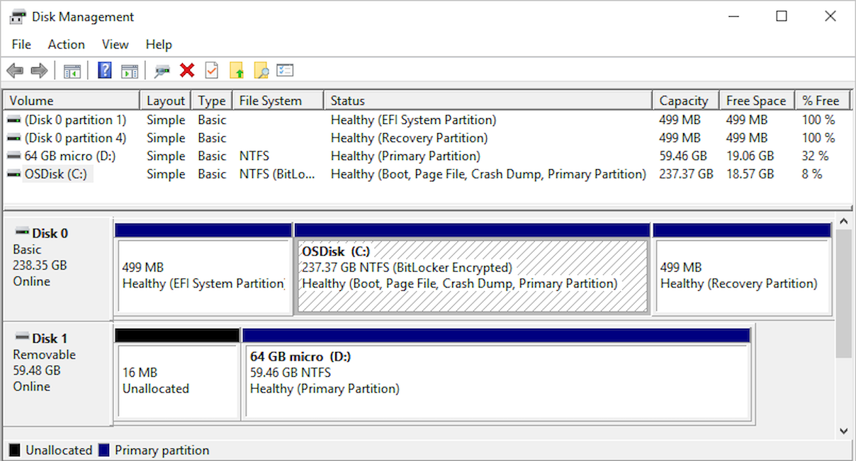 USB Drive Empty but Space Used? Find the Missing Data Safely 2 Microsoft Disk Management example showing a removable device with a partition and a small unallocated region