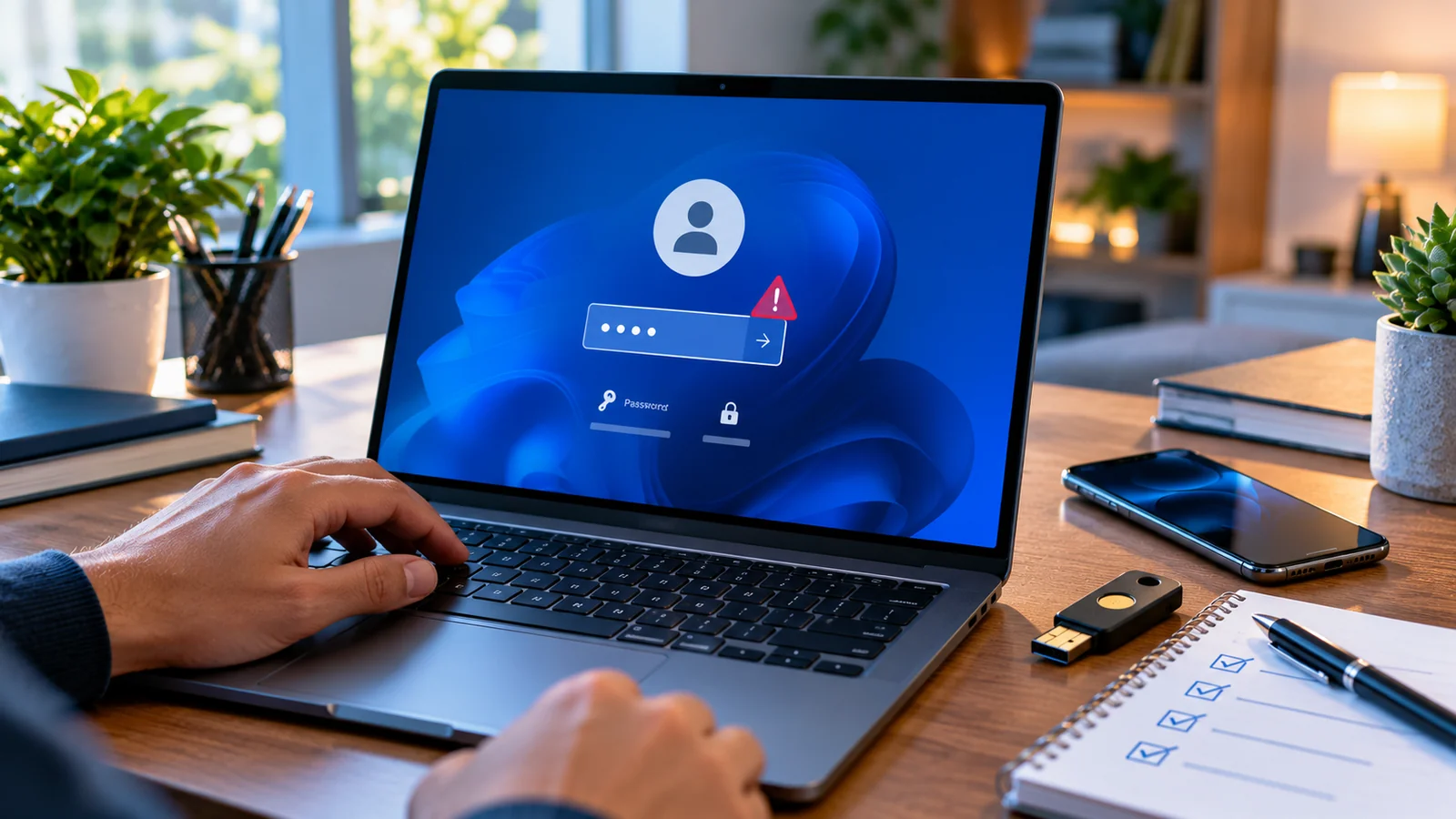 Windows Hello PIN Not Available? Fix Windows 11 Sign-In Without Losing Access 1 Windows 11-style laptop sign-in screen showing a PIN entry warning next to a security key and recovery checklist on a desk