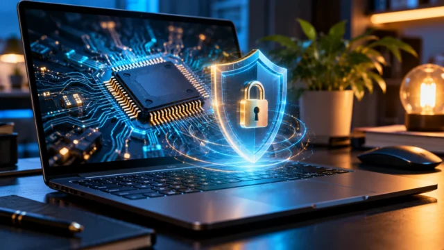Illustrative glowing padlock and shield over a laptop processor circuit, representing Windows Secure Boot firmware protection