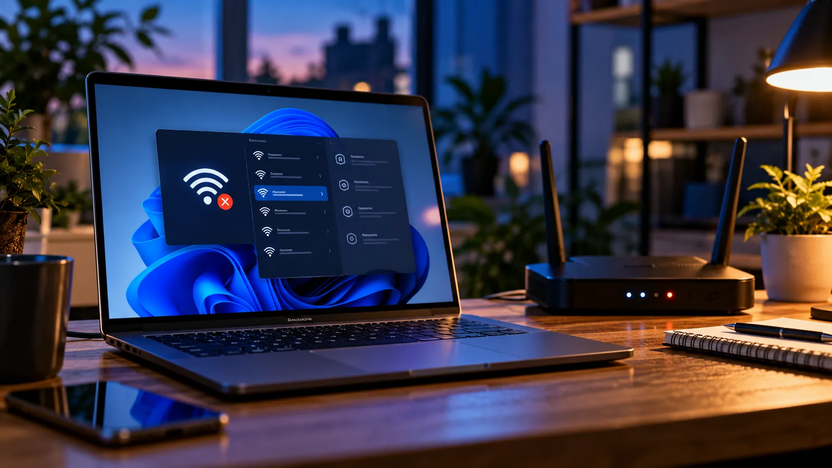 Windows 11 Wi-Fi Keeps Disconnecting: A Complete Troubleshooting Guide 1 Laptop showing a disconnected Wi-Fi connection beside a home router at dusk
