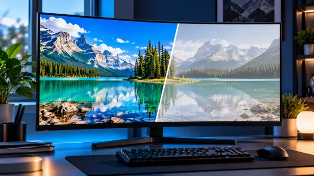 HDR display color comparison on a desktop monitor, with one vivid side and one washed-out side as an illustrative concept