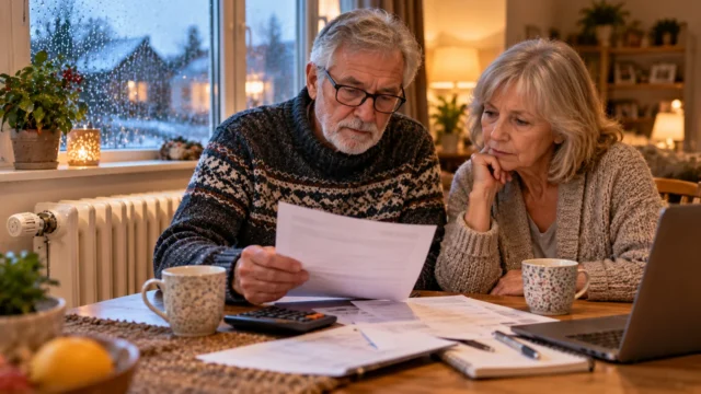 Older couple checking winter heating support paperwork beside a radiator on a cold evening