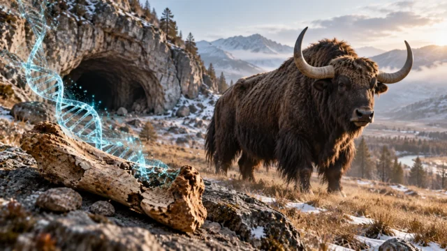 Conceptual illustration of an extinct yak-like Ice Age bovine near a Siberian cave, with an ancient bone and a DNA helix