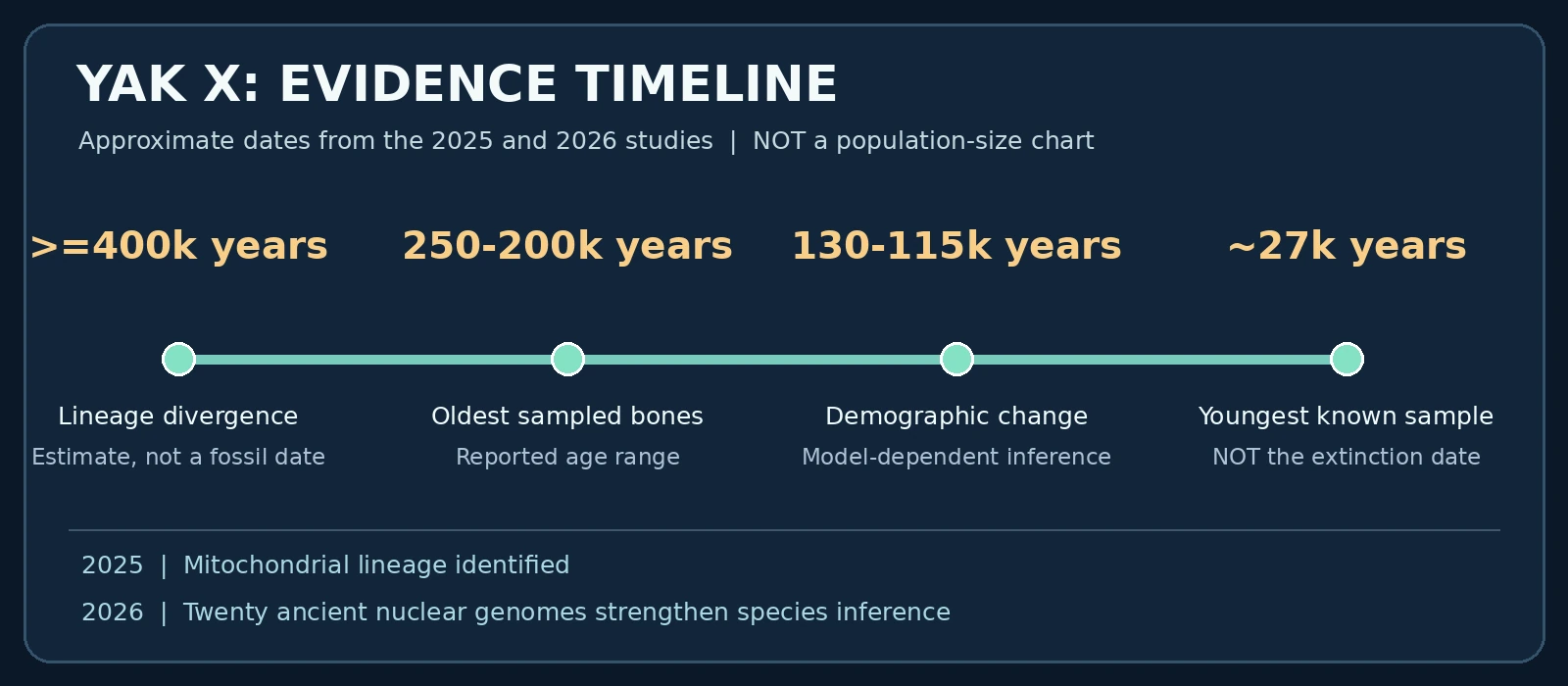 Original English evidence timeline illustrating the estimated Yak X lineage split, oldest sampled bones and youngest known specimen