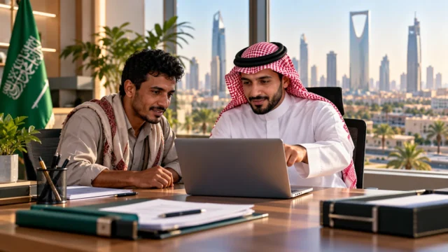 عامل يمني وصاحب عمل سعودي يراجعان الإجراءات على حاسوب محمول في مكتب بالرياض