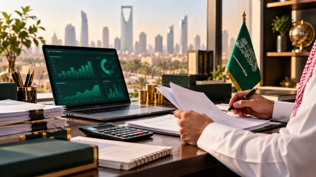 مكتب أعمال سعودي يراجع المستندات الضريبية والحسابات أمام حاسوب يعرض رسومًا مالية